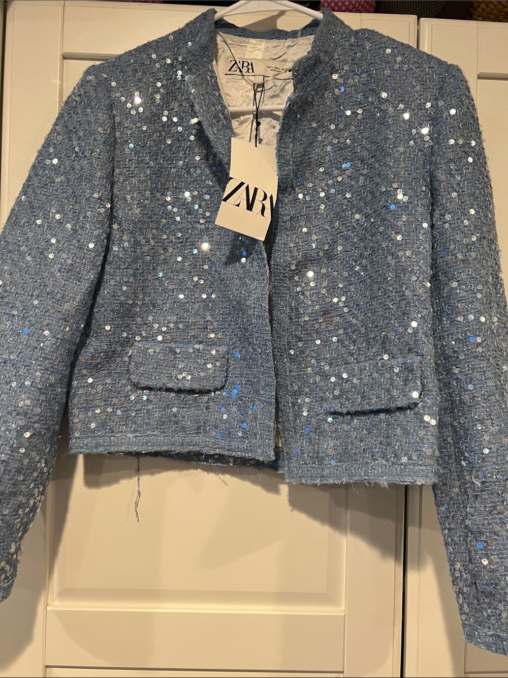 ZARA Light Blue Sequin Tweed Cropped Blazer